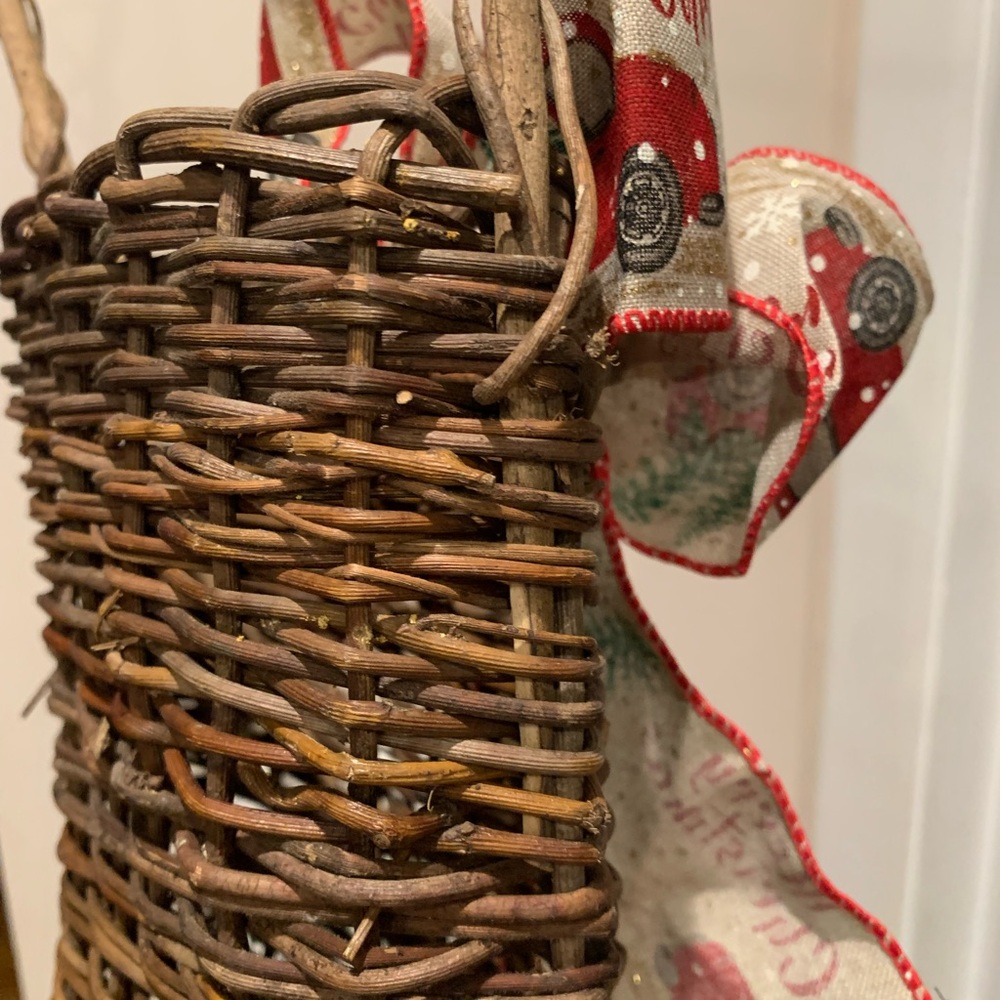 French Country Woven Wicker hanging Basket with Red Truck Ribbon - Picture 3 of 5
